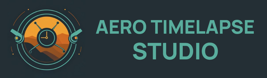 Aero Timelapse Studio logo featuring a drone silhouette with motion lines representing video production and aerial cinematography