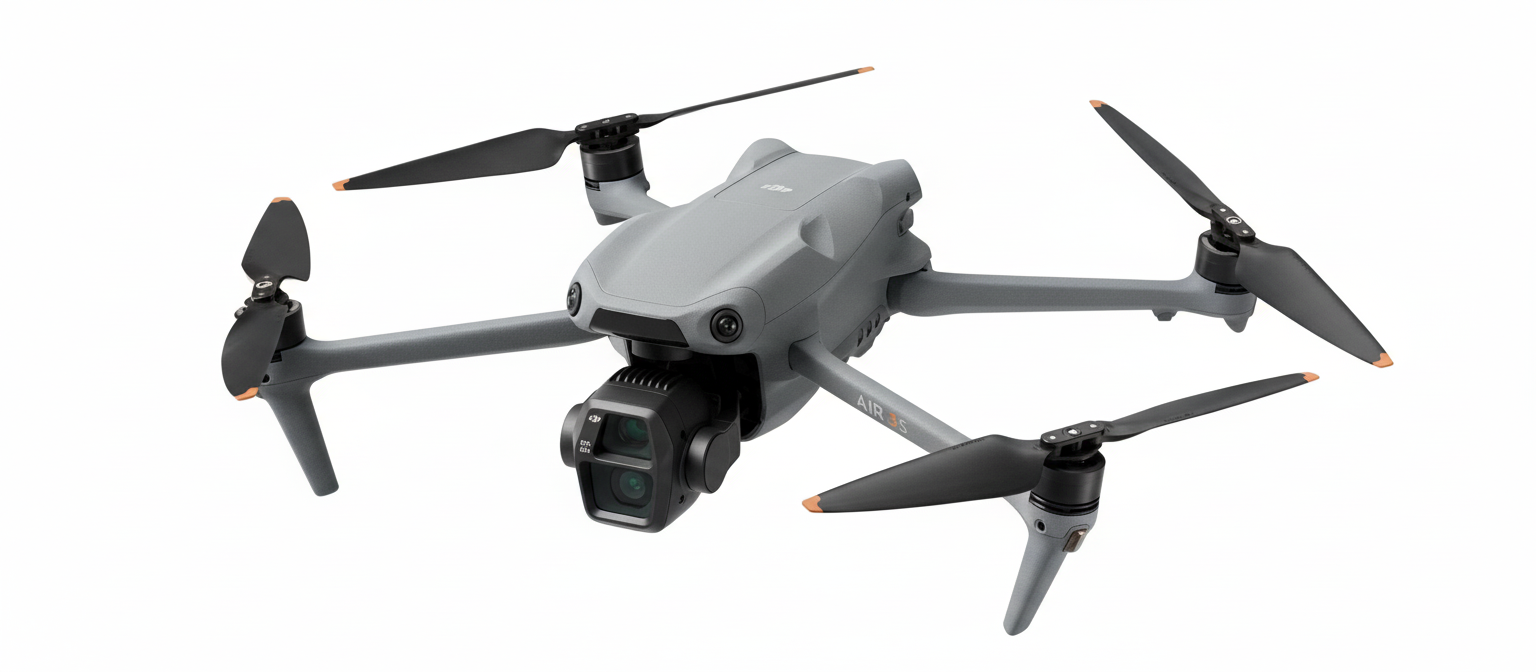 DJI Air 3 drone flying with wide-angle camera extended orange propellers compact design best drones photography 2026 Aero Timelapse Studio review