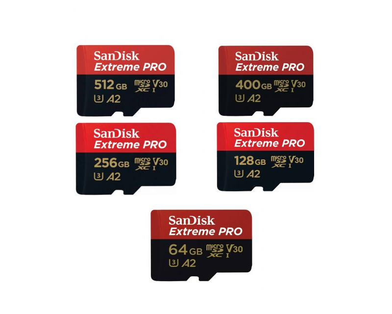 SanDisk Extreme Pro microSD cards 512GB 256GB 128GB 400GB 64GB V30 UHS-I A2 for drone 4K video recording 2026 photography recommendations