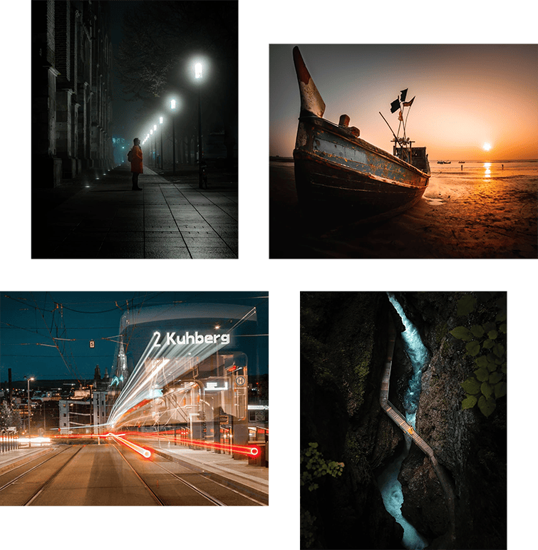 Aero Timelapse Studio portfolio images showing nighttime urban streets with lights (1) sunset fishing boat on beach (2) Kuehberg train station light trails (3) tropical waterfall cascade (4) for about us page