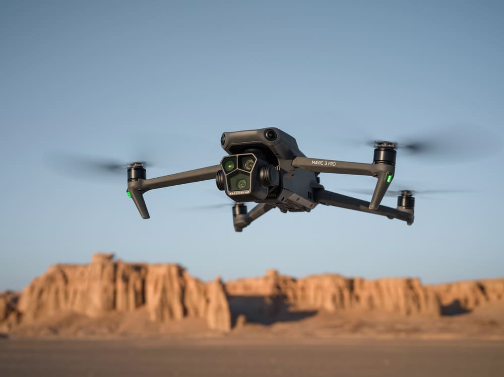 DJI Mavic 3 Pro flying (real estate drone for high-quality photos)
