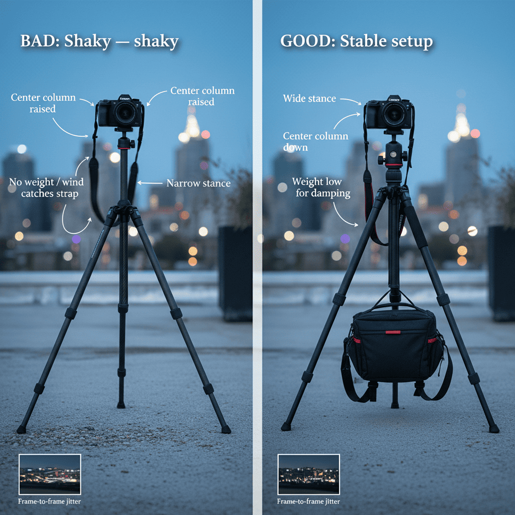 timelapse mistakes: shaky tripod setup vs stable tripod setup