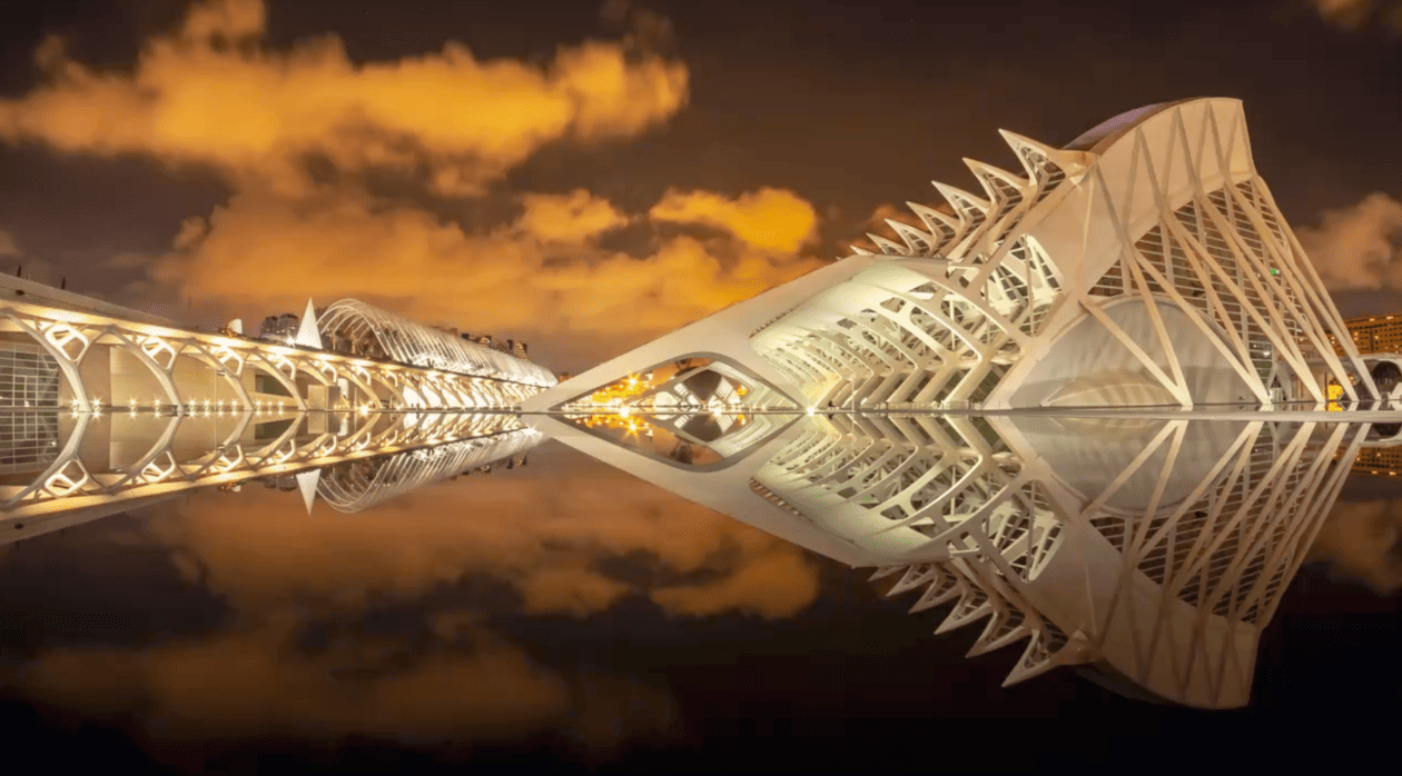 Timelapse photography tutorial example showing City of Arts and Sciences Valencia with dramatic cloud movement and reflections