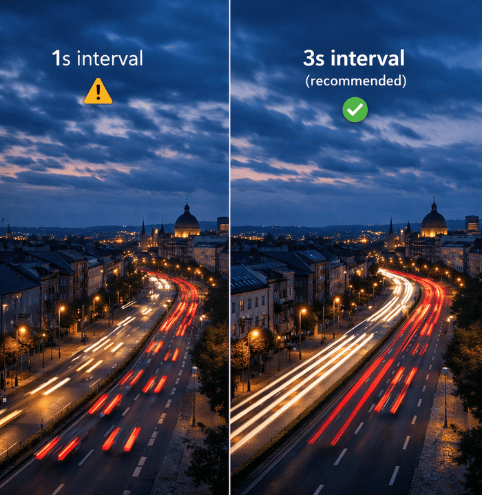 timelapse mistakes: interval too short (1s) vs smoother 3s interval