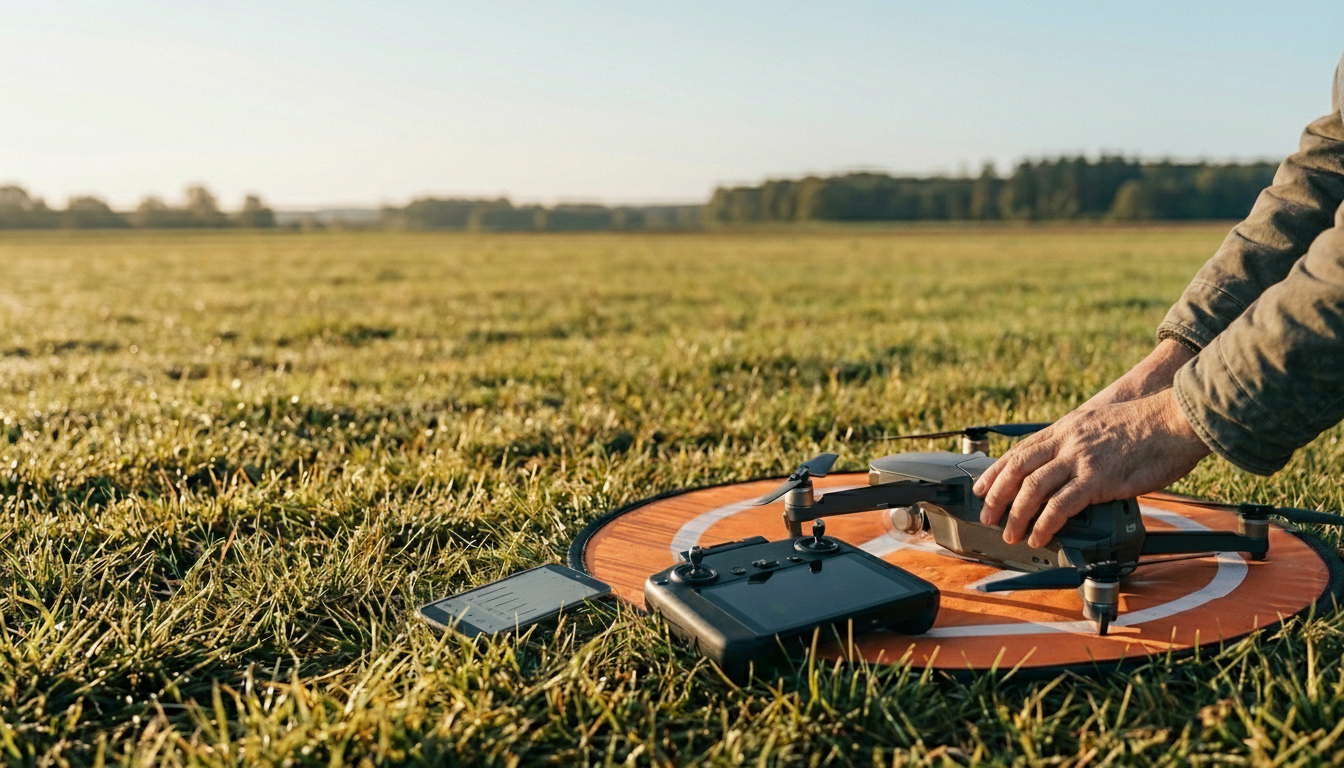 Drone pre-flight checklist for beginners: Drone pilot doing a pre flight check in an open field