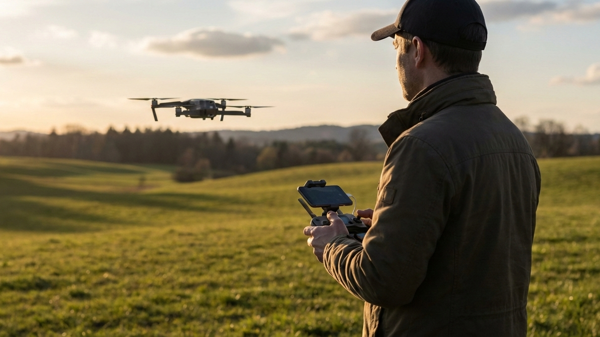 Drone Flying Tutorial: beginner pilot flying a drone in an open field at sunset