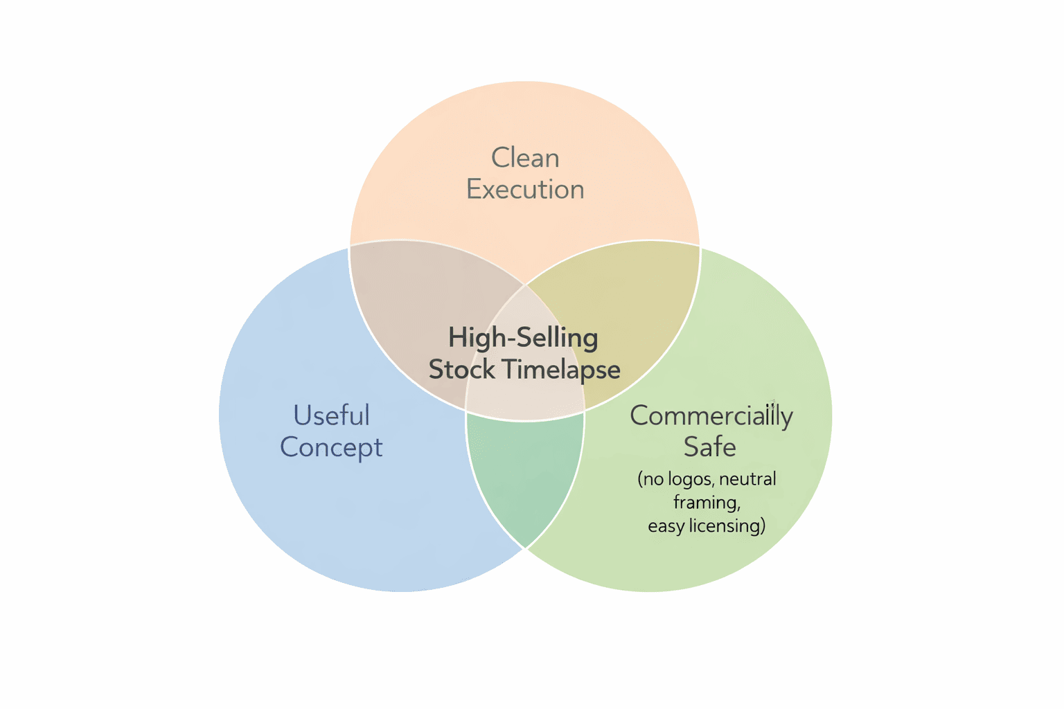 Best Timelapse Subjects for Stock Videos: Venn diagram showing high-selling stock timelapse (clean execution + useful concept + commercially safe)