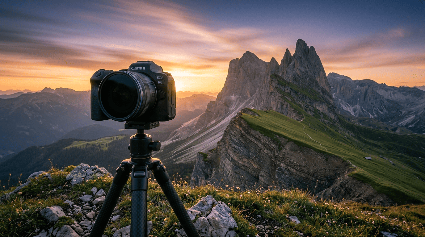 PolarPro Vario VND variable ND filter on camera tripod at golden hour in the Alps — best ND filter for timelapse photography