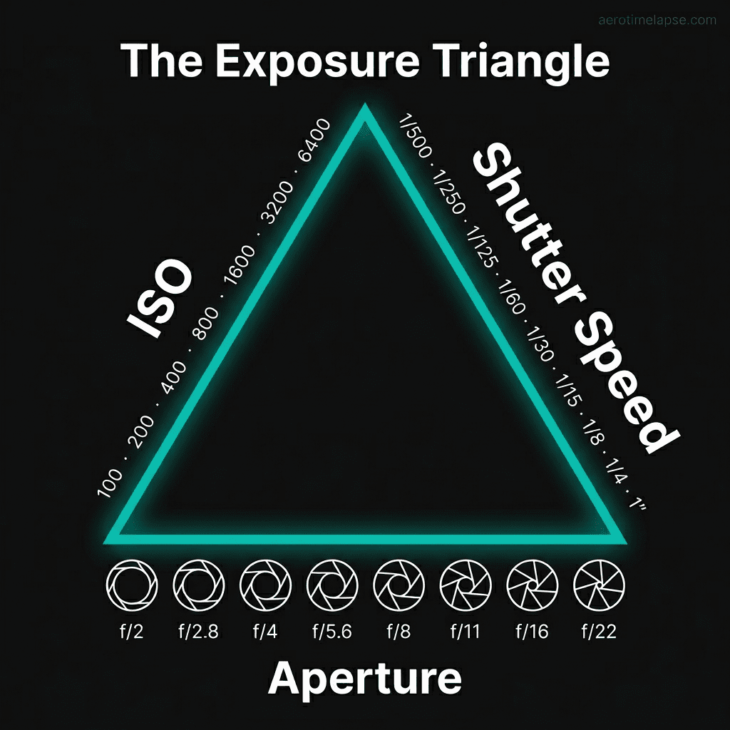 Manual drone camera settings: exposure triangle diagram showing ISO (100–6400), shutter speed (1/500–1″), and aperture (f/2–f/22)