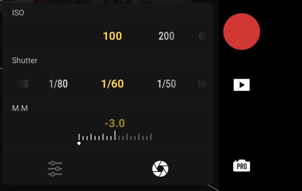Manual drone camera settings: DJI Fly app screen showing ISO 100, shutter speed 1/60, and metering at -3.0