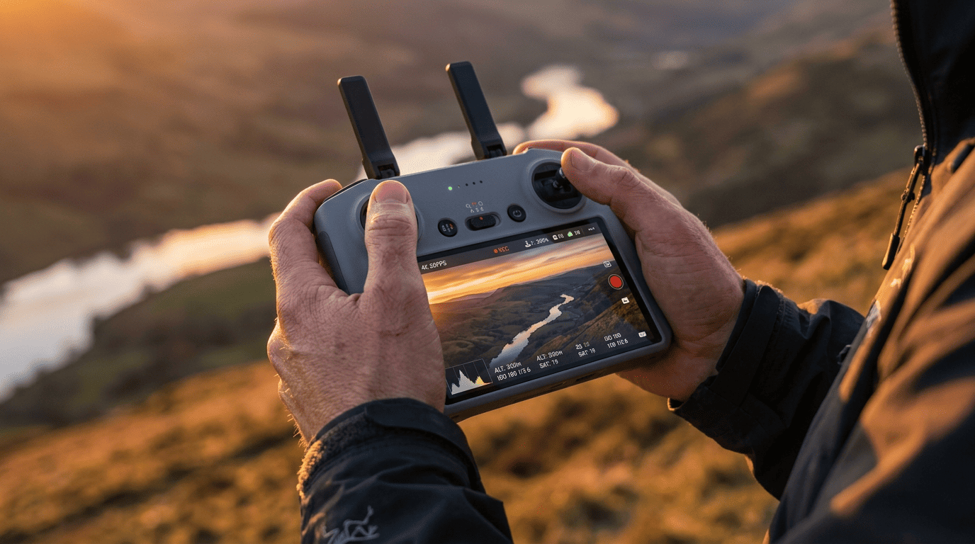 Manual drone camera settings: pilot holding a DJI RC controller displaying live 4K footage with ISO, aperture, and exposure settings on screen