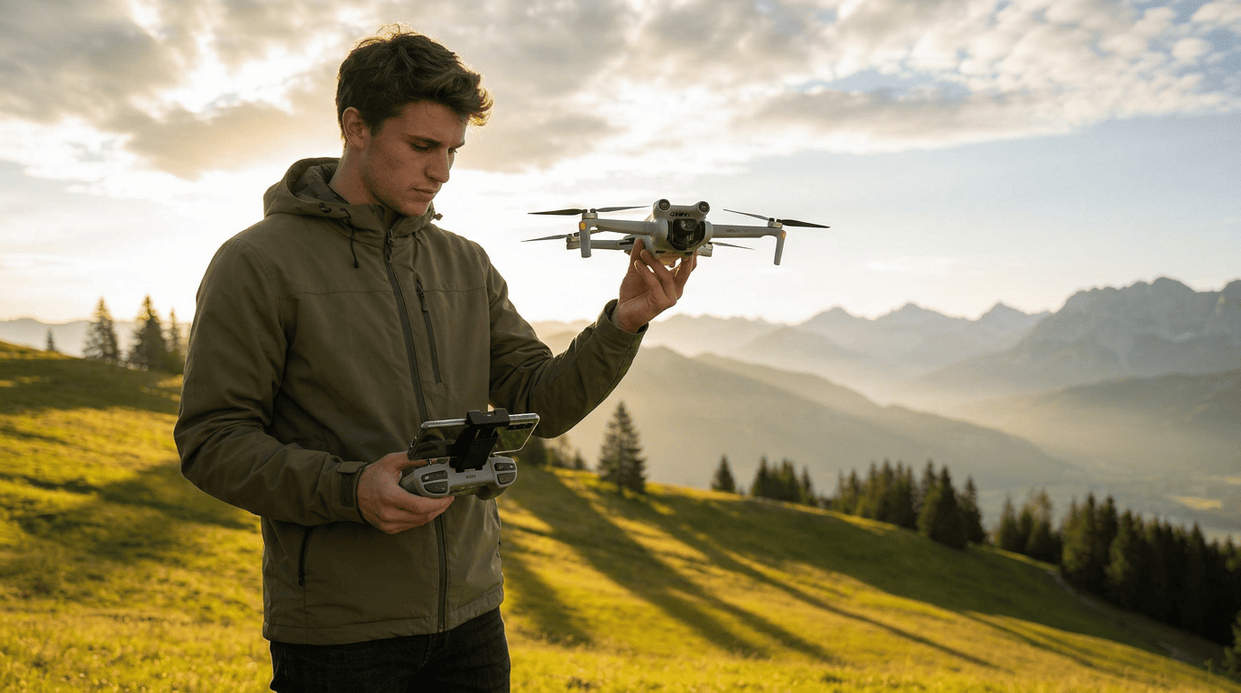 Drone Buying Checklist - Hero Image - guy with drone in Alpine landscape