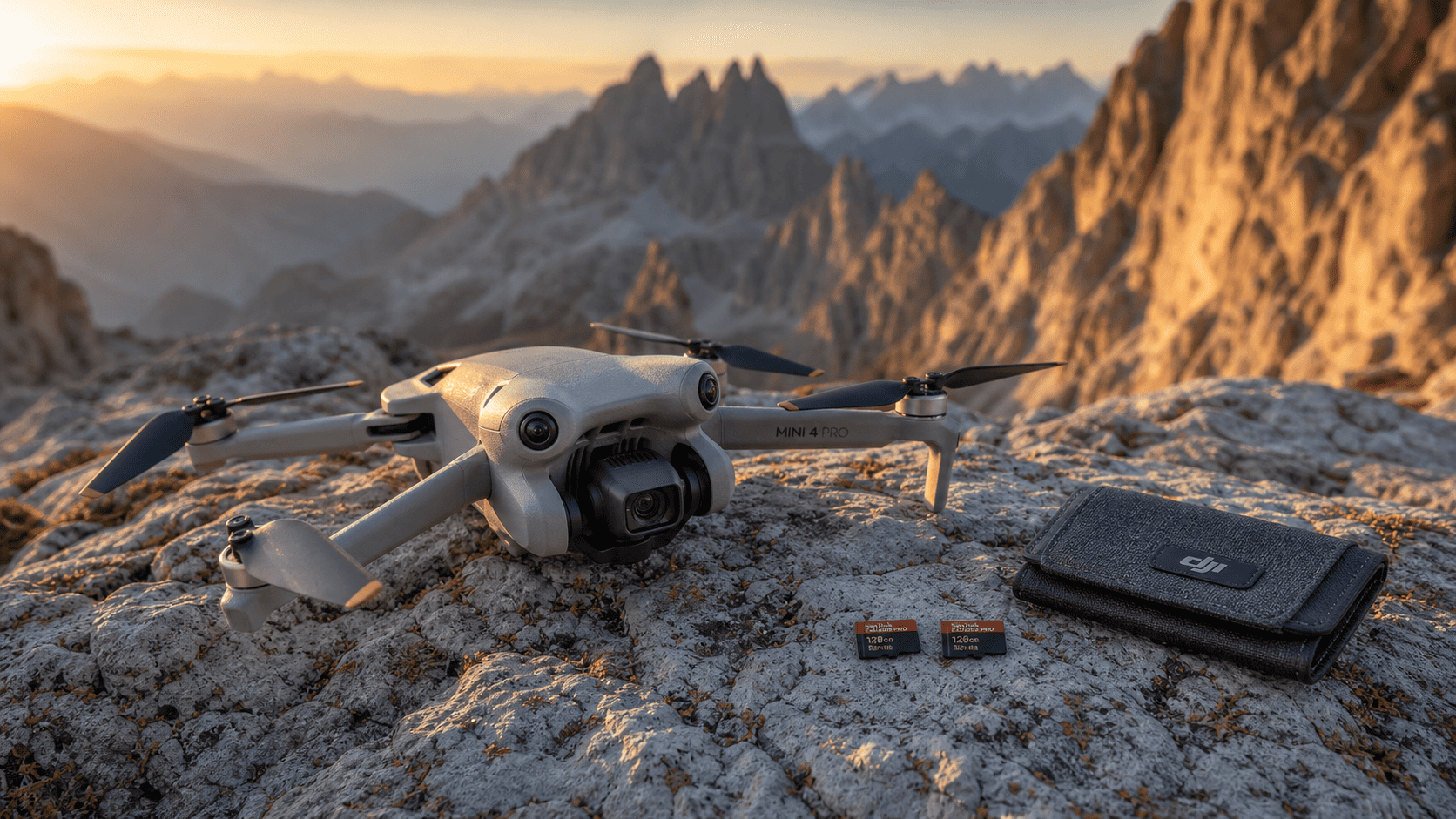 How to Plan Storage for Drone Footage - DJI Mini 4 Pro or Air 3 resting on a rocky alpine ledge, two microSD cards and a compact card wallet placed beside it.