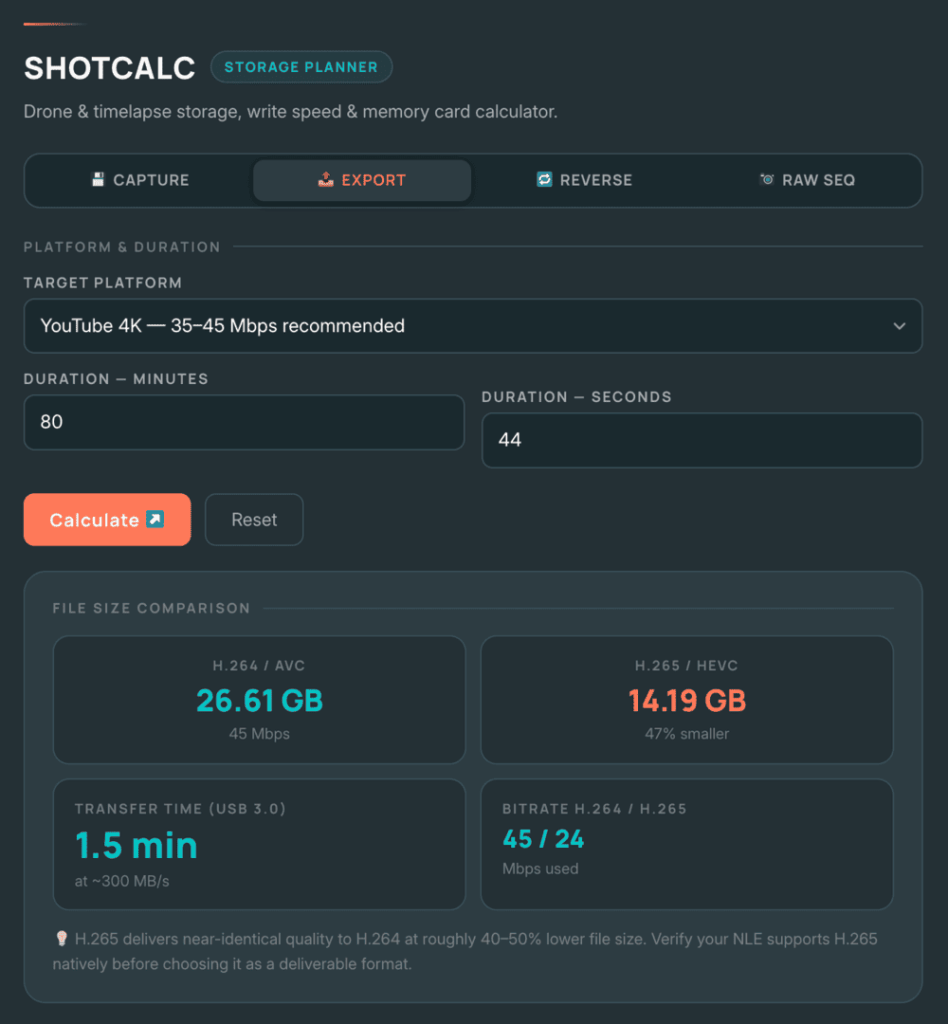How to Plan Storage for Drone Footage - Output Plan - ScreenShot Of ShotCalc